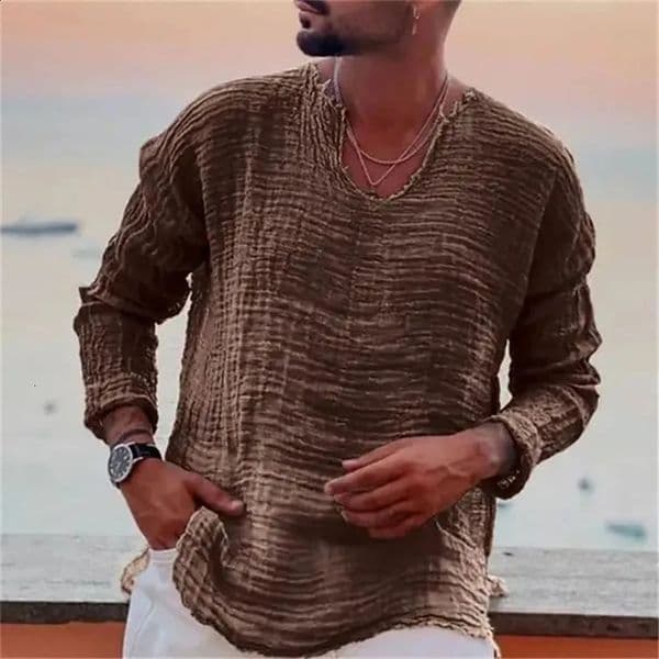 Fashionable mens spring and autumn fashionable young linen casual loose V-neck T-shirt washed with rough edged long sleeved shirt 250328BJ