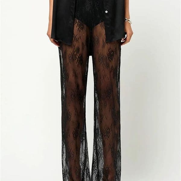 Women Lace Pants Flower See Through Elastic Waist Straight Leg Long Trousers Casual Pants for Beach Club 250521bj