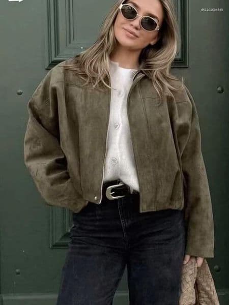 Women's Jackets FSMG Casual Army Green Suede Lapel Jacket Vintage Solid Zipper Long Sleeve Loose Bomber Coat Lady High Street Motorcycle