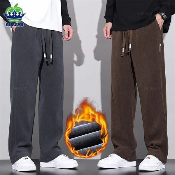 Winter soft wool warm denim pants mens elastic waist thick Korean bag straight work clothes for runners freight Trouthers mens 240923bj
