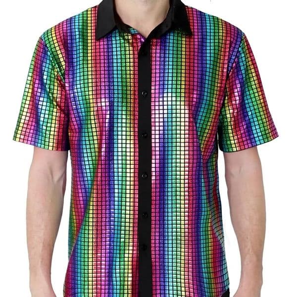 Mens Shiny Metallic Shirts Dances stage Performance Costume Adult Disco Outfits Short Sleeve Sparkling Party Shirt 250611bj
