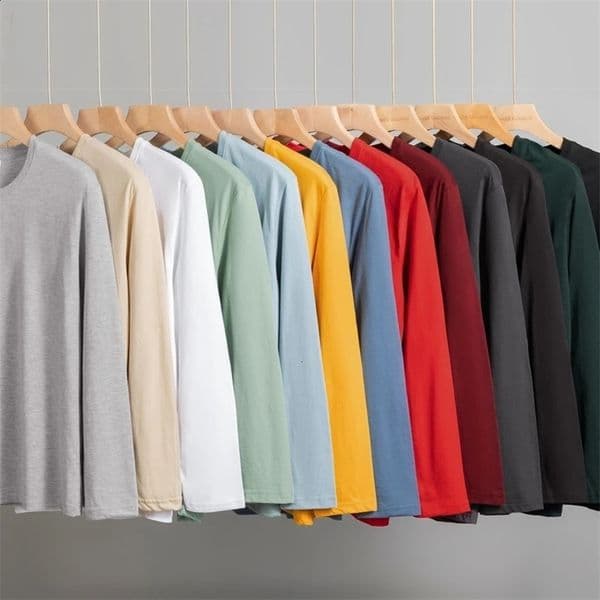 Mens Solid Color Round Neck Cotton Long Sleeved T-shirt Summer Comfortable Top 250219BJ