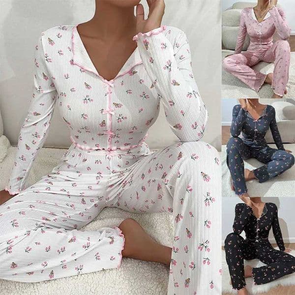 Floral Print Womens Loungewear Set Casual Long Pants With Long Sleeves Suitable For Wearing Outside As Pajamas Z250925