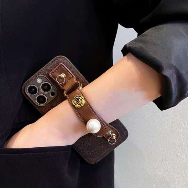 Compatible Apple 16 Pro Max Phone Case Pearl Camellia Wrist Strap iPhone 15 Protective Cover 14 New Luxury