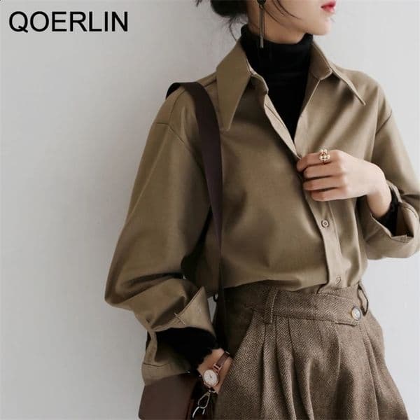 Women's Blouses Shirts QOERLIN Coffee Blouse Women Spring Autumn Casual Solid Color Long Sleeve Shirt Women Korean Loose Shirt OL Style Workwear S-XL 230224