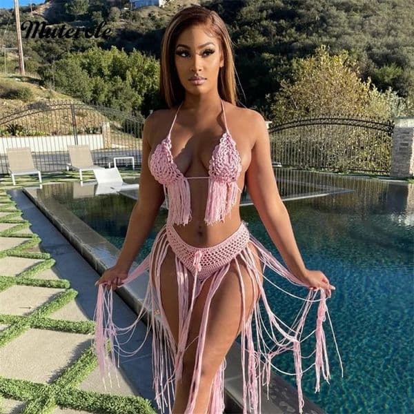 Mutevole Women Summer Crochet Bikini Set Tassel Swimwear Sexy See Through Cover Up Skirt Hollow Out 2 Piece Knitted Beach Set 250324
