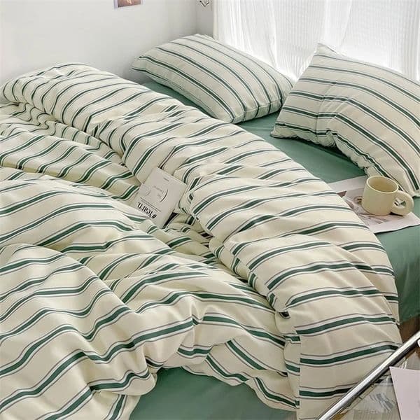 Green Stripe Series Printed Soft Bedding Set Duvet Cover Bedclothes Bedspread Pillowcases Flat Sheets Comforter Sets for Girls 240710