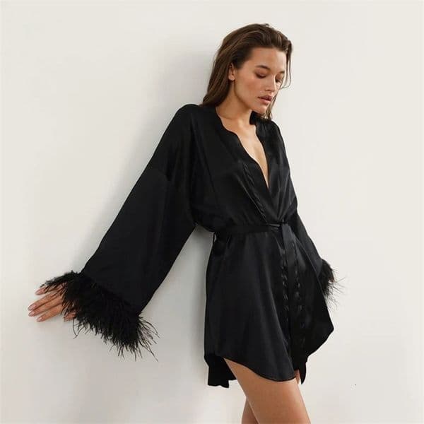 Feather Bathrobes Satin Sexy Mini Dress Long Sleeve Loose Peignoirs For Women Robe White Wedding Dress Black Bride Dresses 250314
