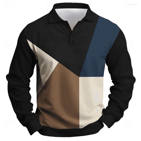 Men's Polos Fashion Color Blocking Long Sleeve Polo Shirt Oversize Breathable Comfortable Lapel Button Casual Clothing