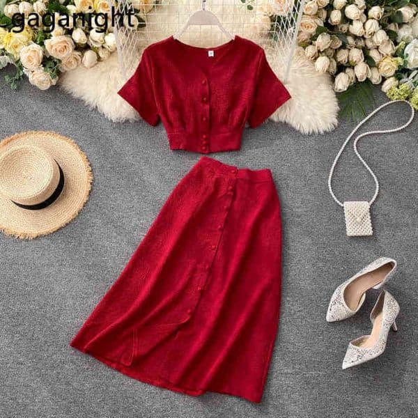 Gaganight Fashion Summer Women Two Pieces Set Short Slim Solid Blouse High Waist Long Skirt Girls Sweet Sexy Suit 2 Pieces Set 210519