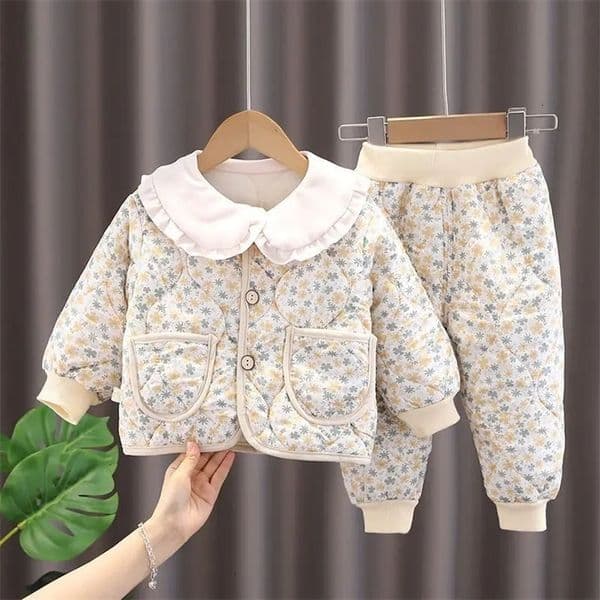 Clothing Sets Baby Girls Cotton Padded Jacket Set Winter Thick Warm Floral Print Quilted Coat Pants 2 Piece Cute Kids Casual Clothes 231130bj