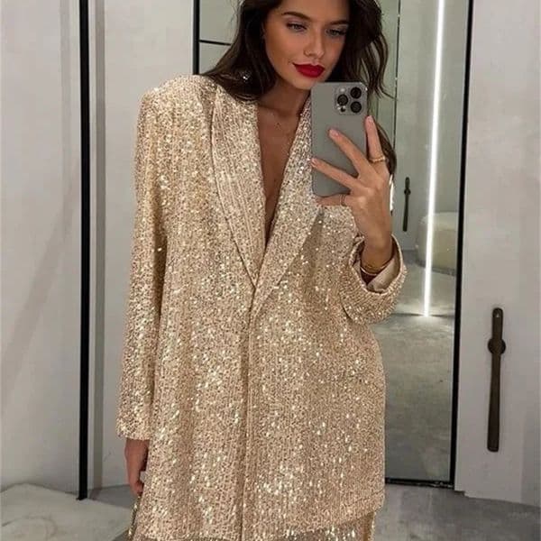 Casual Sequin Jackets Pants Set Women Golden Long Sleeve Lapel Button Wide Leg Pant Autumn Lady Suit Urban Street Loose Sets 241211