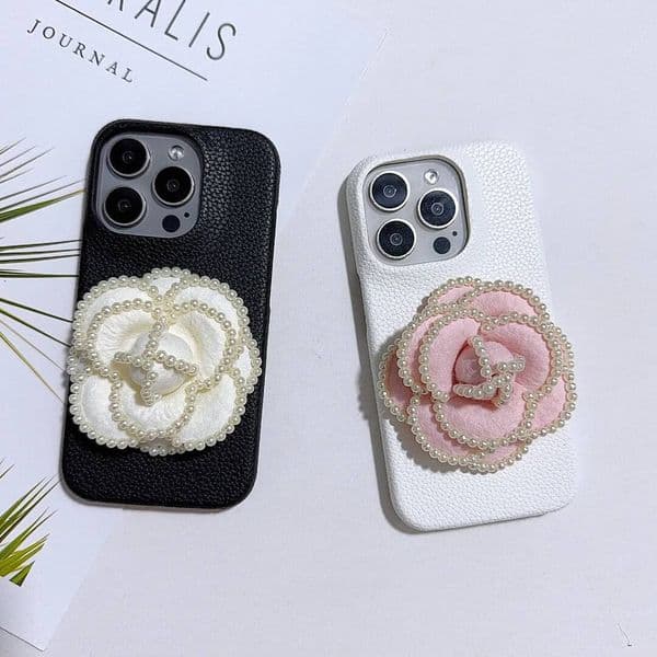 fashion 3D pearl flower PU leather Case for iPhone 16e 16 15 14 Phone Cover 13 12 11 Pro MAX Hard Shockproof Back Funda