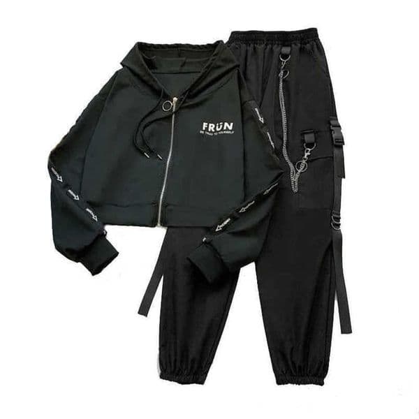 Spring Chain Cargo Pants Female 2 piece Hooded Sweatshirt+Joggers Women Letter Printed Black Set Wemon 210707