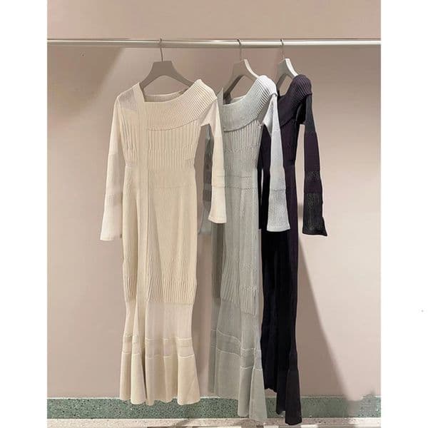 Casual Dresses Kuzuwata Solid Color Perspective Longsleeved Dress Asymmetric Offshoulder Knitted Robe Femme Japan Slim Sexy Vestido De Mujer 230317