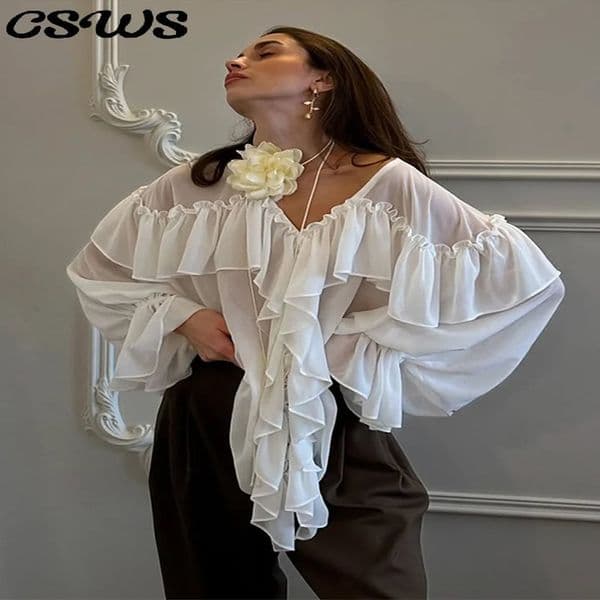 Elegant Ruffle Solid Women Shirts See Through Vneck Long Lantern Sleeve Lady Top Spring Office Oversize Female Blouses 250211wtt