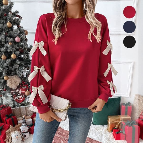 Autumn Winter Hot Sale Sweet Style Top Round Neck Bow Red Christmas Sweatshirt for Women