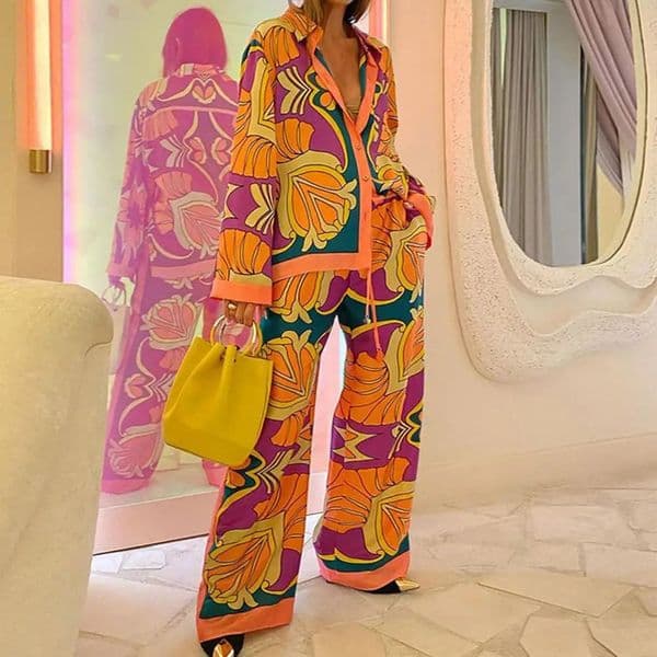 2 PcsSet Ladies Shirt Pants Suit Bright Color Print Wide Leg Loose Women Printed Casual Youth Vacation Top Trousers Set 240617