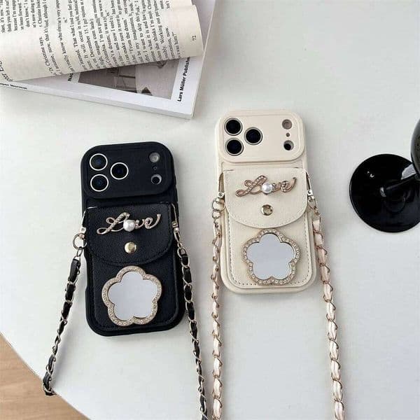 Crossbody Mirror Wallet Card Holder Phone Case for IPhone 17 Air 16 15 14 Pro Max Plus 13 12 11 XS XR X Shockproof Leather Cover