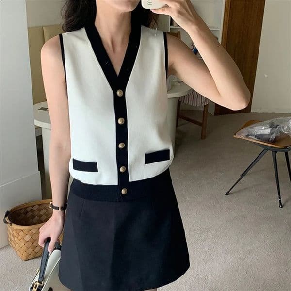 V-neck Classic Vest Women Spring/Summer Viscose Basic Butoon Up Tank OutFit Women Clothes Old Money Top Good Quality 250425