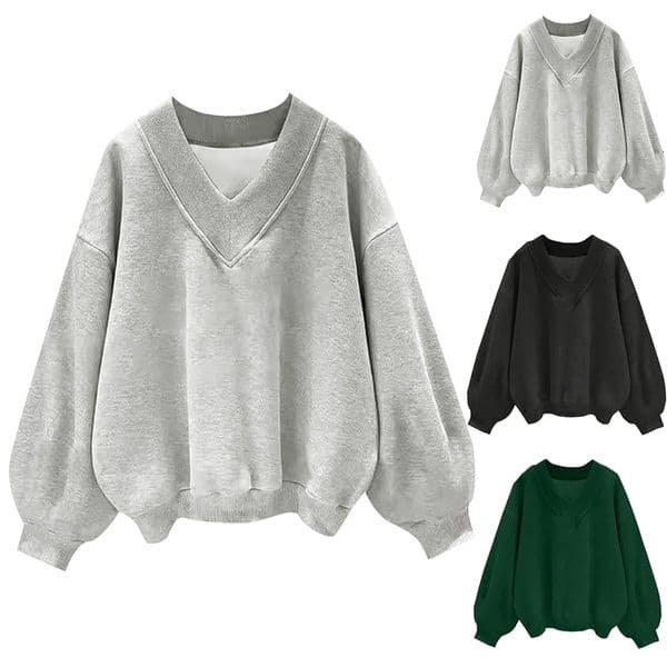 Autumn Women Sweatshirts V-Neck Long Sleeve Oversized Solid Color T-Shirts Casual Loose Fit Athletic Workout Pullover Tops 250320