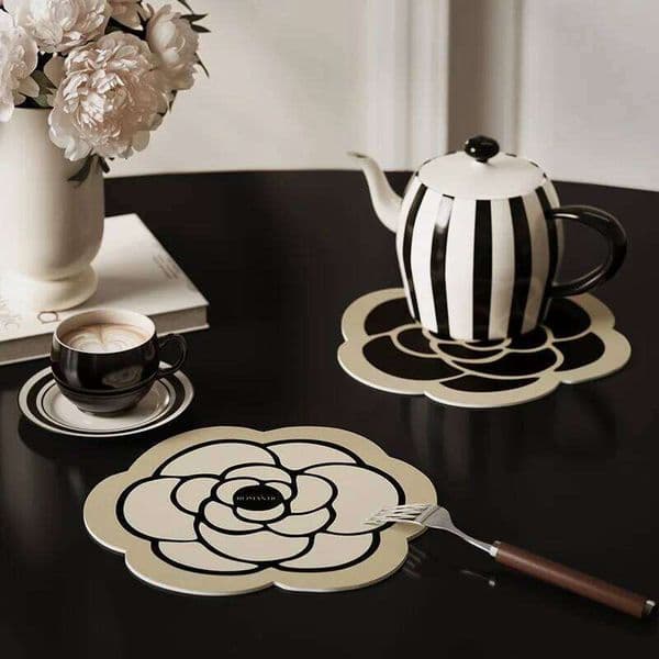 PU Leather Coasters for Drinks Black Camellia Heat Resistant Placemat Eco-Friendly French Tea Coffee Table Home Decoration