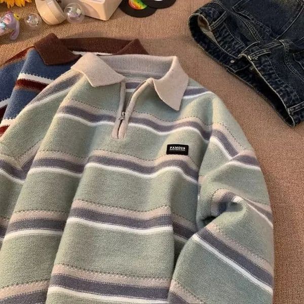 Japanese Vintage Striped Lapel Sweater Unisex Knitted Top Casual Style For Spring Autumn Couple Model Clothing 250106
