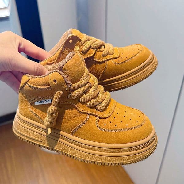 Autumn and Winter New High Top Sneakers Soft Bottom Children's Genuine Leather Yellow Boots Wool Girls' Sneakers Designer Shoes