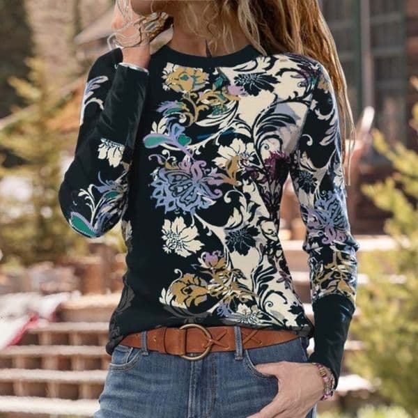 Women T-shirt Spring Autumn Casual O Neck Floral Print Loose Tee Shirt Female Streetwear Long Sleeve Pullover Tops New Plus Size 210309wtt