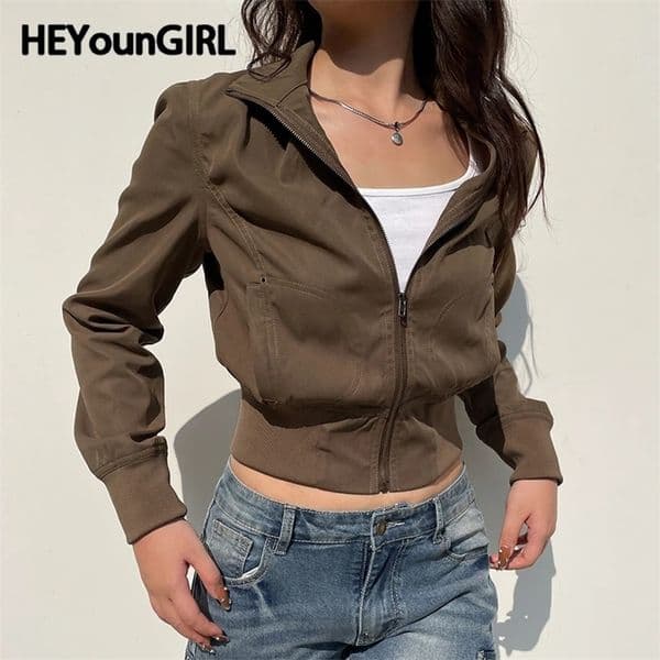 HEYounGIRL Vintage Y2K Fashion Cropped Jacket Safari Style Brown Turtleneck Zipper Coat Grunge Chic Korean Style Outwear Autumn 250304