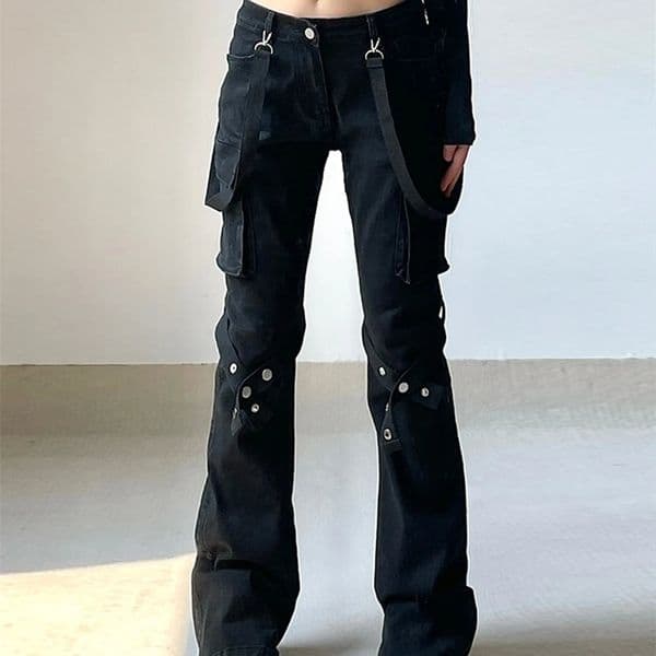IAMSURE Punk Style Big Pockets Jeans Gothic Casual Slim Low-Waisted Flare Pants Women Spring Autumn Streetwear Lady 250318 L260529