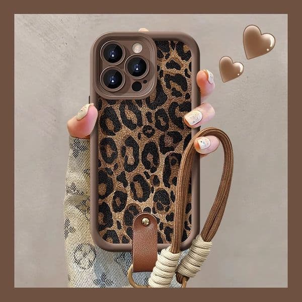 Leopard Print Lanyard Compatible with Apple 17 Phone Case 16PROMAX Lambskin 15 Matte Silicone Premium Shockproof