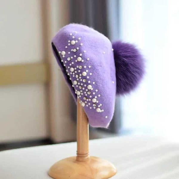 Ladies Fox Fur Ball Wool Beret Cap Autumn Winter Pearls Dethable Painter Hat Diond Pumpkin Hat Z260415