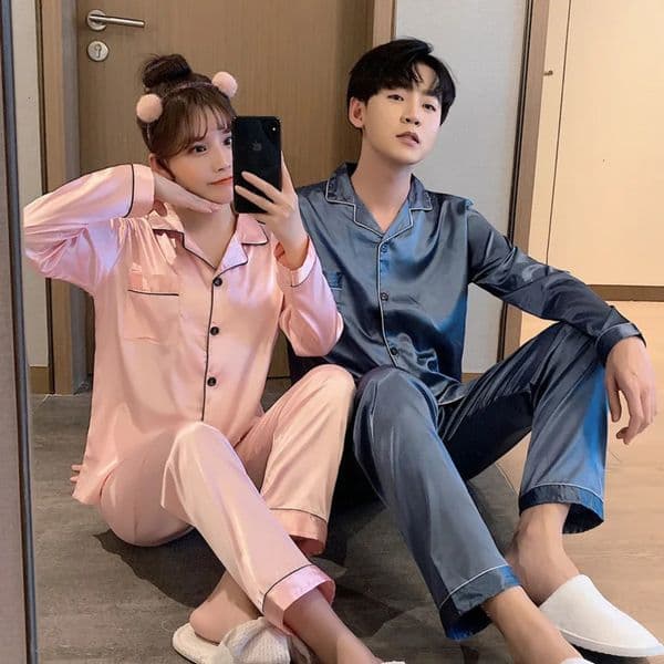 Solid Color Pajamas for Couples Silk Satin Mens Womens Full Sleeves Sleepwear Home Clothes Suit Male Pijama Big Size Set 240428