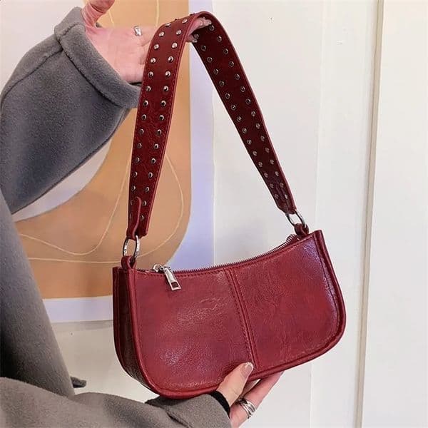 Women Retro Shoulder Bag Studded Decor Crossbody Sling Adjustable Strap Leather Tote PU Handbag Daily Dating Purse 240802ZY