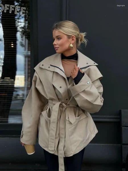 Women's Down Women Lace Up Lapel Trench Coat Fashion Zipper Pocket Button Long Sleeve Short Windbreaker Chic 2025 Daily Commute Outerwear