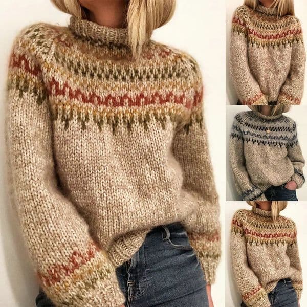 Winter Womens Sweater Half High Neck Pullover Long Sleeve Straight Print Unisex 241216