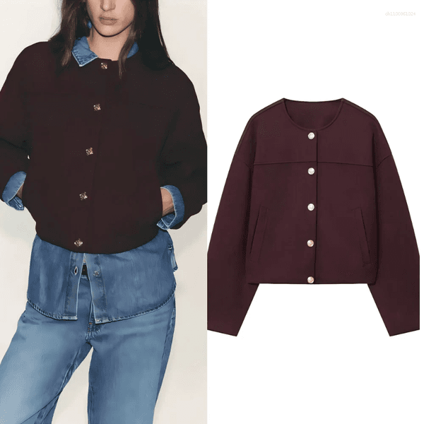 Women's Jackets Fashion Gold Button Decoration Short Soft Texture Jacket Coat Retro O Neck Long Sleeved Chic Top
