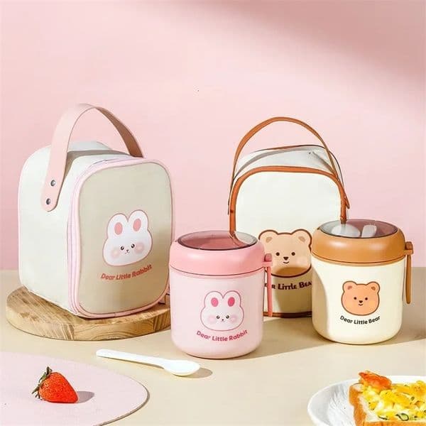 530ml Stainless Steel Lunch Box Cute Rabbit Bear Food Thermal Jar Insulated Soup Cup Container Bento Box For School Children 250222