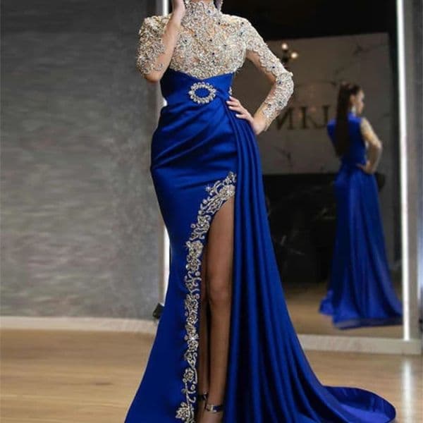 Europe and the United States womens dress blue sprinkle gold split splicing half high neck evening 241125wtt