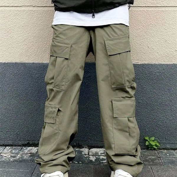 Solid multi flap pocket mens straight leg cargo pants loose casual outdoor pants mens work pants bags and trendy street clothes 240430bj