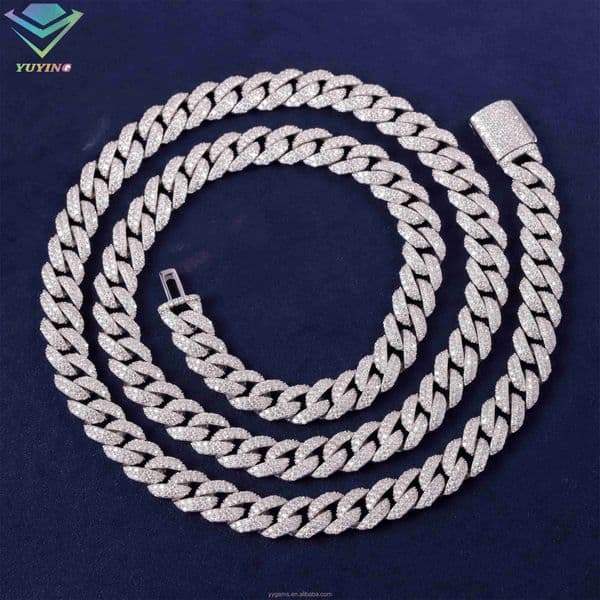 Best Selling Full Ice Out Mossanite Cuban Chain 2rows 9mm 925 Solid Silver Chain Men Necklace VVS Moissanite Cuban Lidynamic Chain