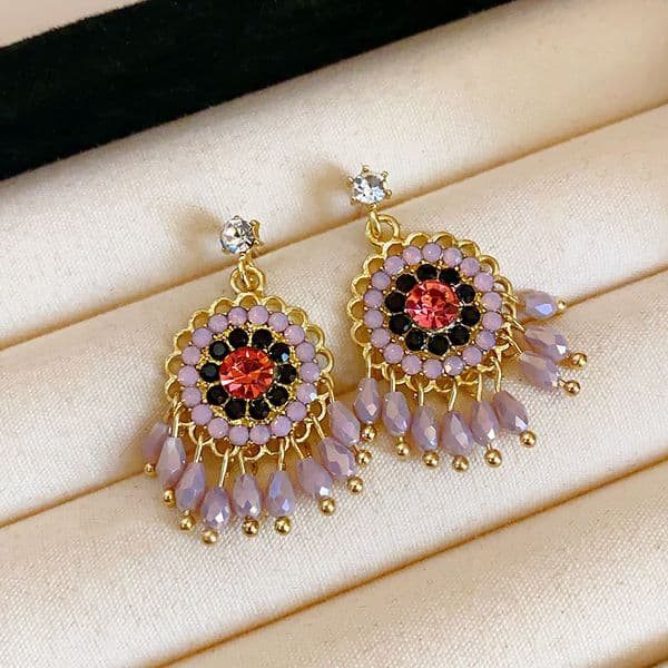 Gold - Toned Dangle Earrings With Multi - Colored Crystal Accents And Fringe Detail Delicate Daily & Elegant Jewelry Gift For Her High - Quality And Stylish Accessory
