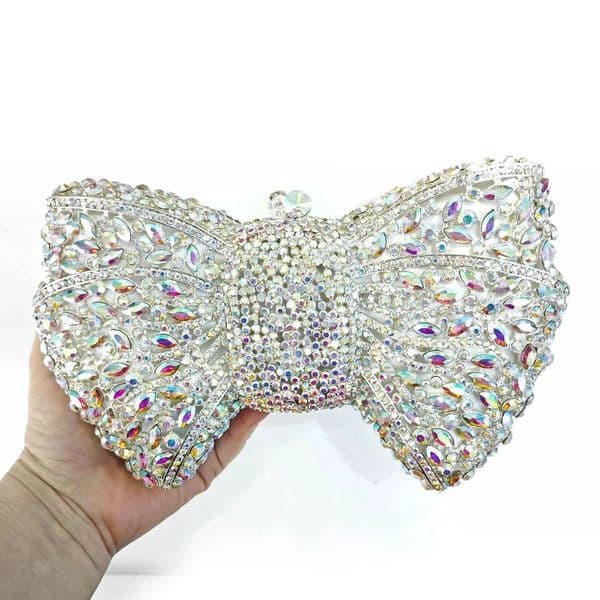 chongsukei Silver White Rhinestone Evening Bag Muticolor Bow Diamond Clutches Wedding Party Purse Female Luxury Bridal Handbag Gift