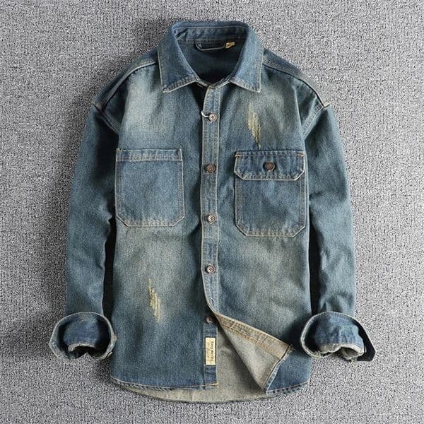 Sping Japanese Retro High Quality Denim Cargo Shirt Mens Fashion 100% Cotton Washed Old Thick Double Pocket Casual Jacket 240428