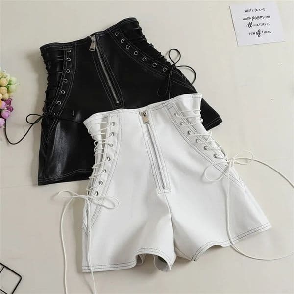 Autumn Women PU Shorts Tie Bow Bandage High Waist Shorts Casual White Black Leather Shorts Ladies All Match Wide Leg Shorts 240312bj
