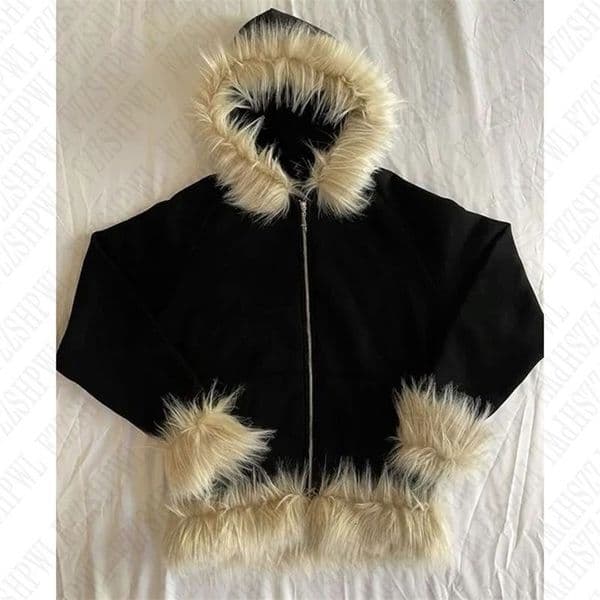 Y2K Zip up hoodie Dark Faux Fur Collar Aesthetics Hip Hop Fashion Jacket Vintage Rock Goth Zipper Hoodie sweatshirt Punk Clothes 241227