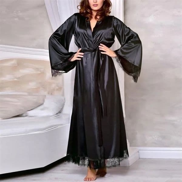 Sexy Womens Silk Satin Long Bathrobe Romance Lace Edge Kimono Robe Nightdress Nightgown Nightwear Sleepwear Home Clothes Female 241112