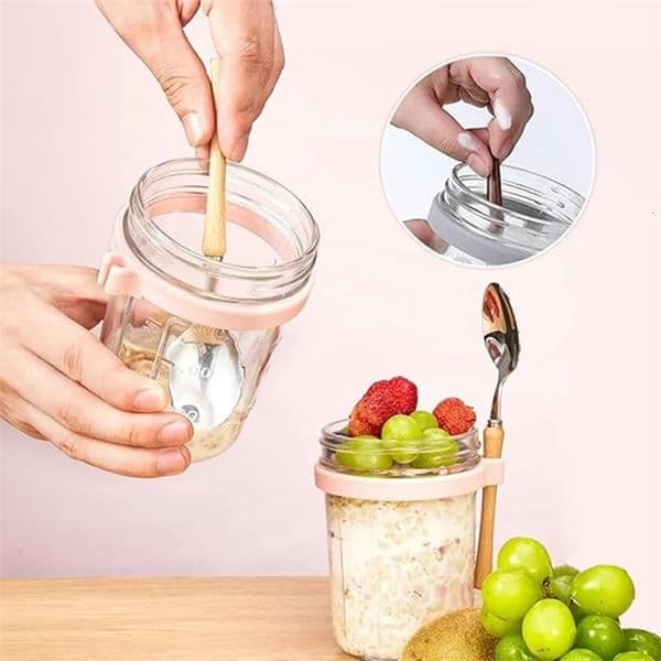 Portable Overnight Oat Glass Cup with Fork Milk Fruit Salad Food Storage Jars Cereal Breakfast Cups Water Bottle Kitchen Item 250222