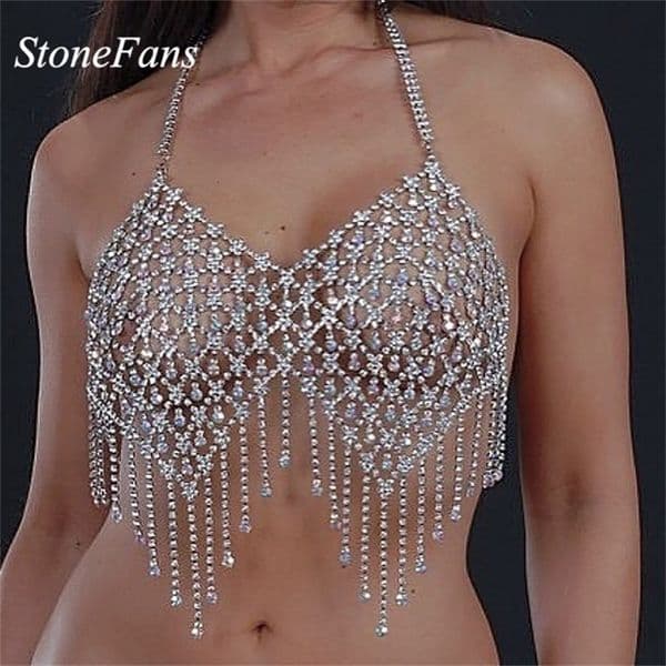 StoneFans Tassel Body Chain Sexy Beach Gold Silver AB Wedding Accessories Bra Cross Body Chain Jewellery for Women T200508